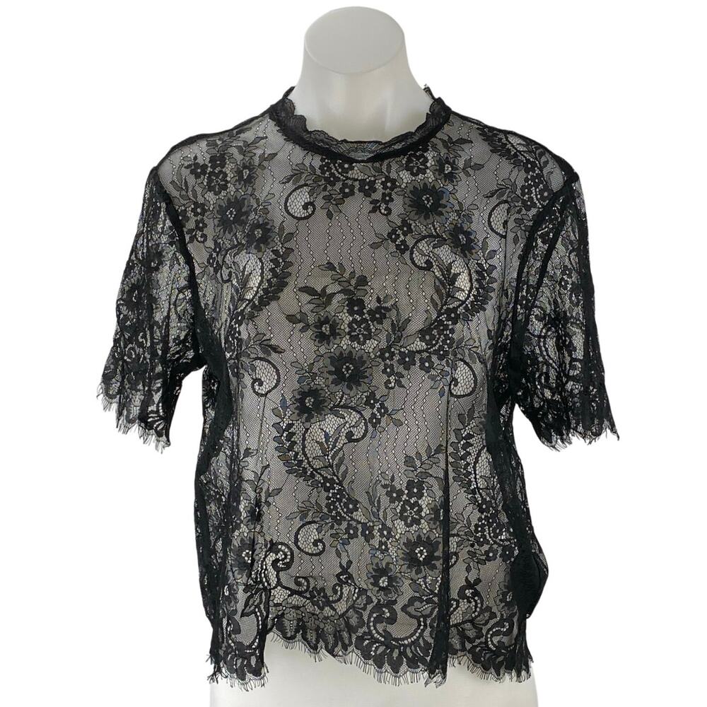 H&M Divided Black Floral Paisley Sheer Short Sleeve Lace Fringe Blouse Top Sz 8